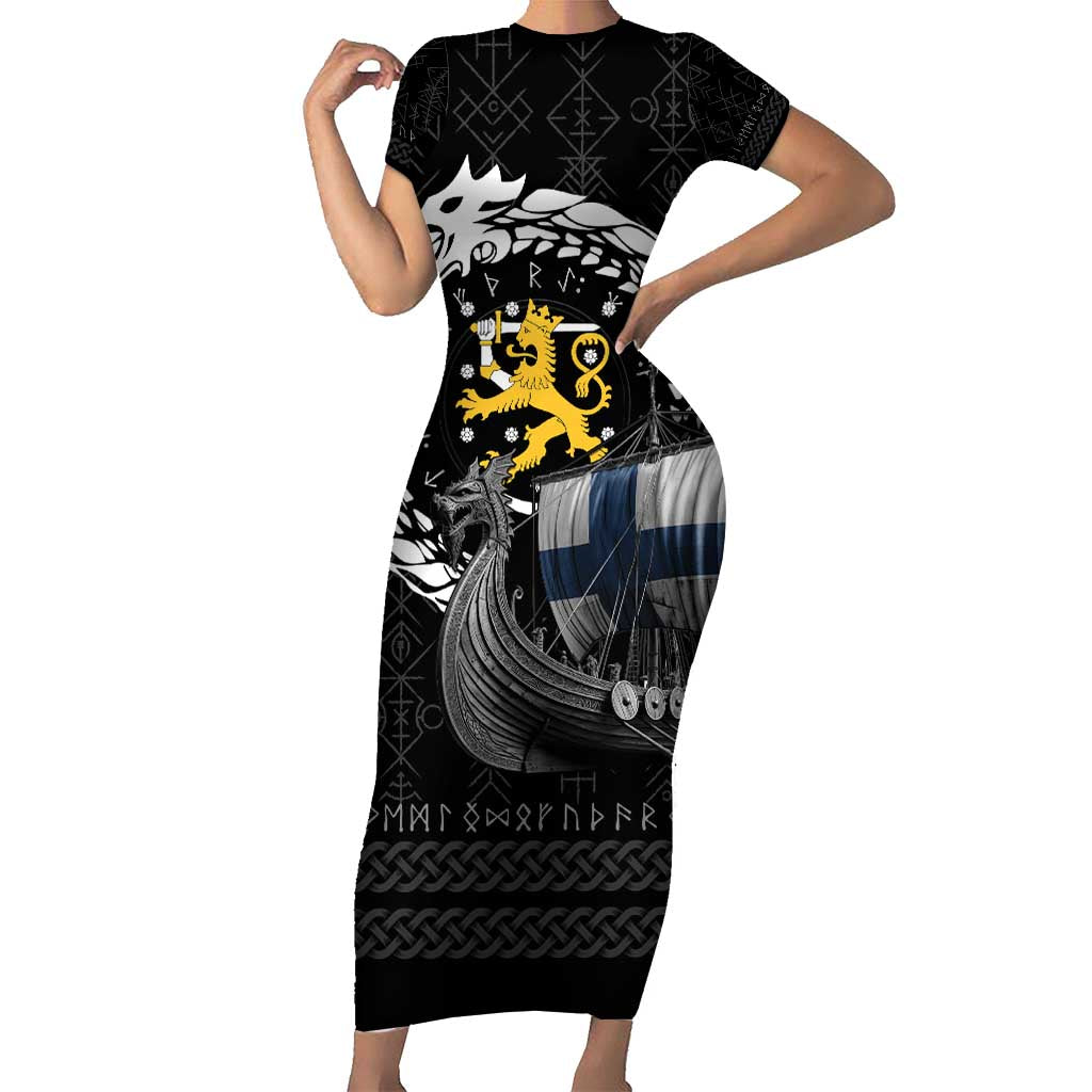 Finland Viking Drakkar Family Matching Short Sleeve Bodycon Dress and Hawaiian Shirt Viking Blood - Wonder Print Shop