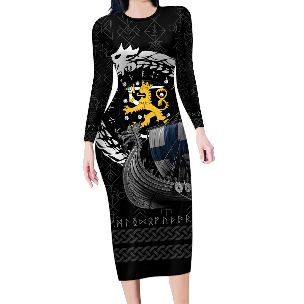 Finland Viking Drakkar Long Sleeve Bodycon Dress Viking Blood - Wonder Print Shop