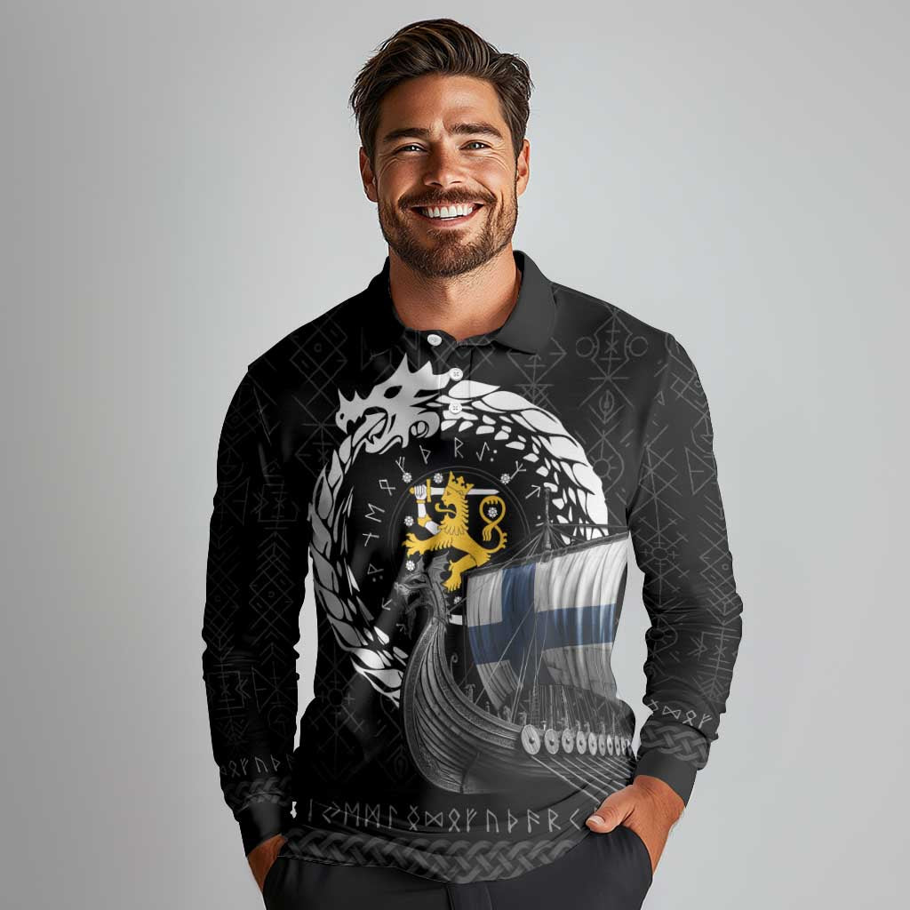 Finland Viking Drakkar Long Sleeve Polo Shirt Viking Blood - Wonder Print Shop