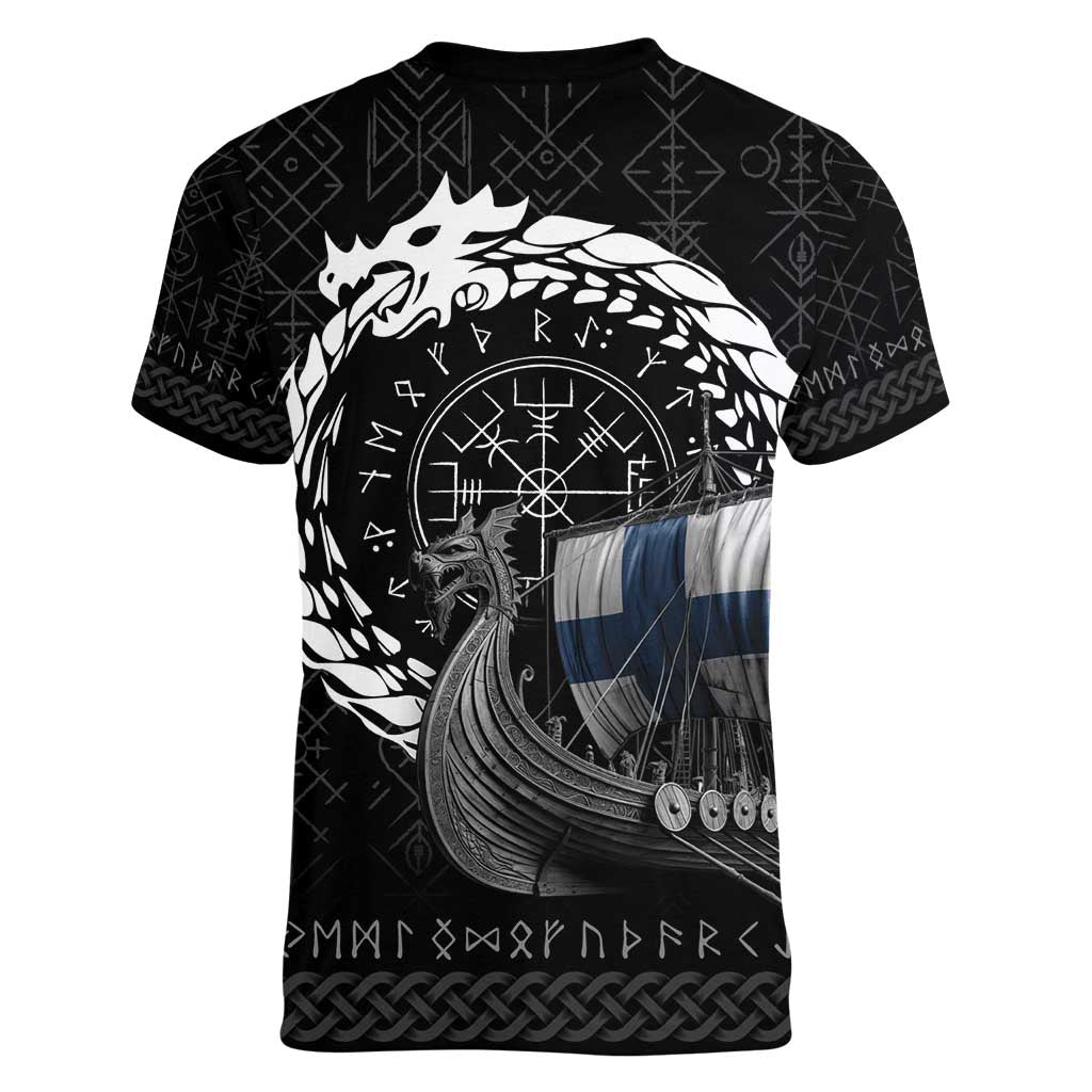 Finland Viking Drakkar Women V-Neck T-Shirt Viking Blood - Wonder Print Shop