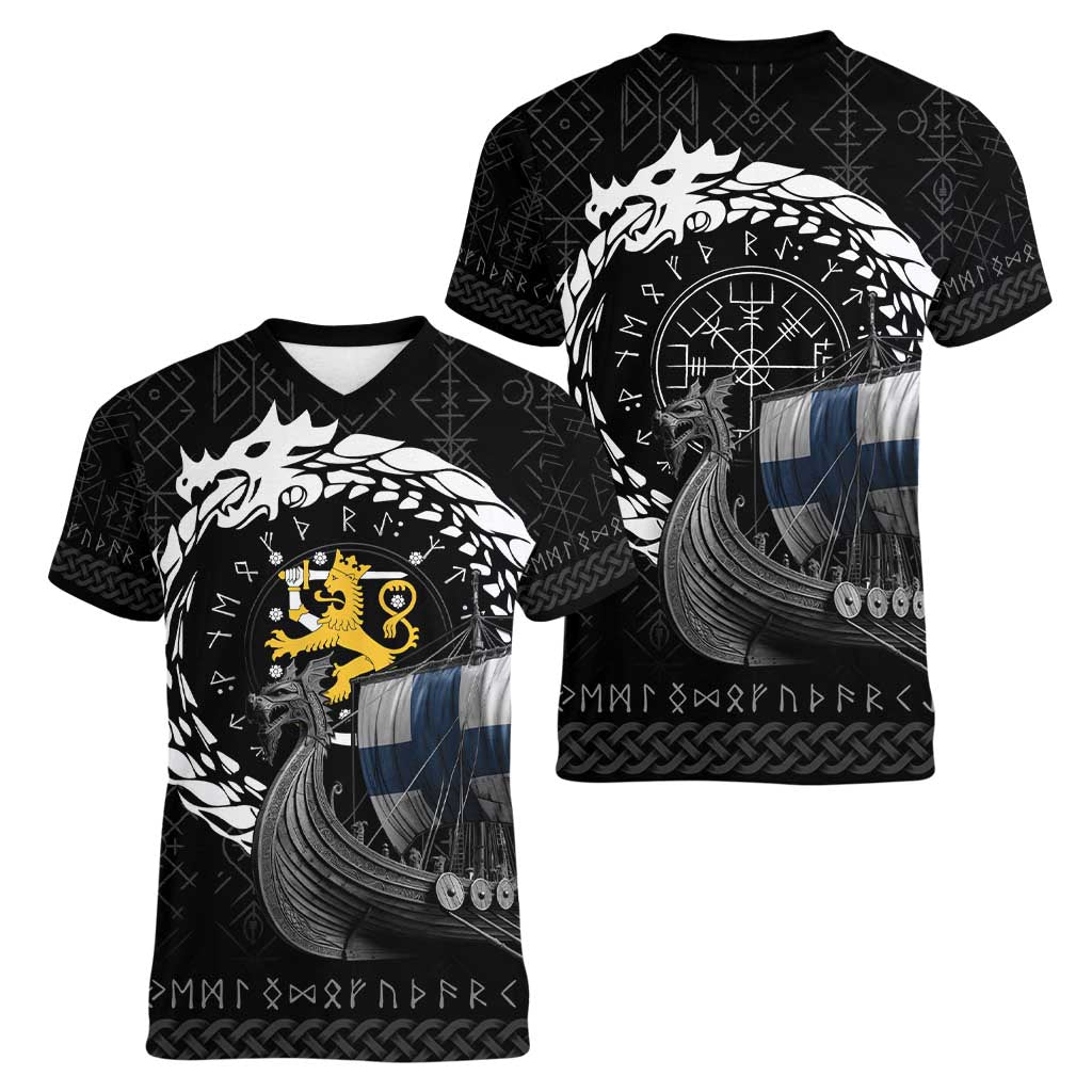 Finland Viking Drakkar Women V-Neck T-Shirt Viking Blood - Wonder Print Shop