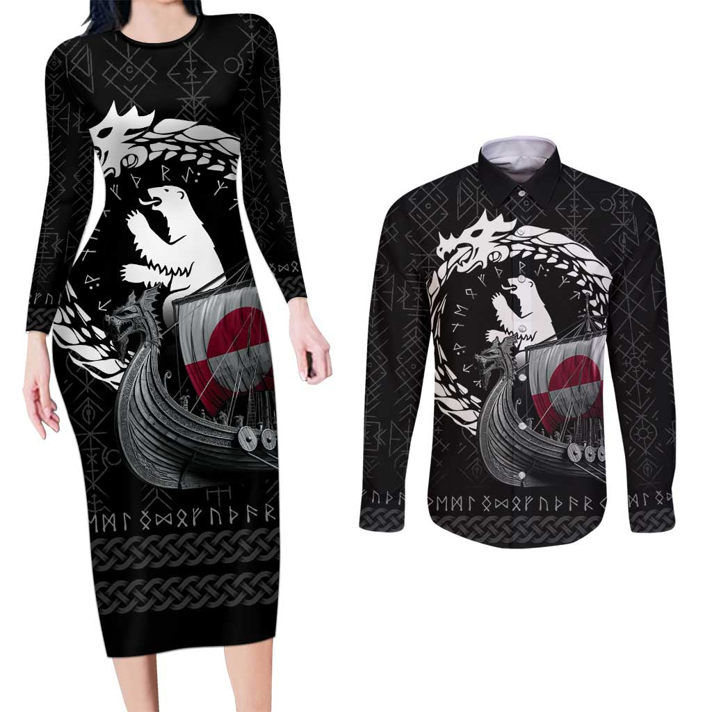 Greenland Viking Drakkar Couples Matching Long Sleeve Bodycon Dress and Long Sleeve Button Shirt Viking Blood - Wonder Print Shop