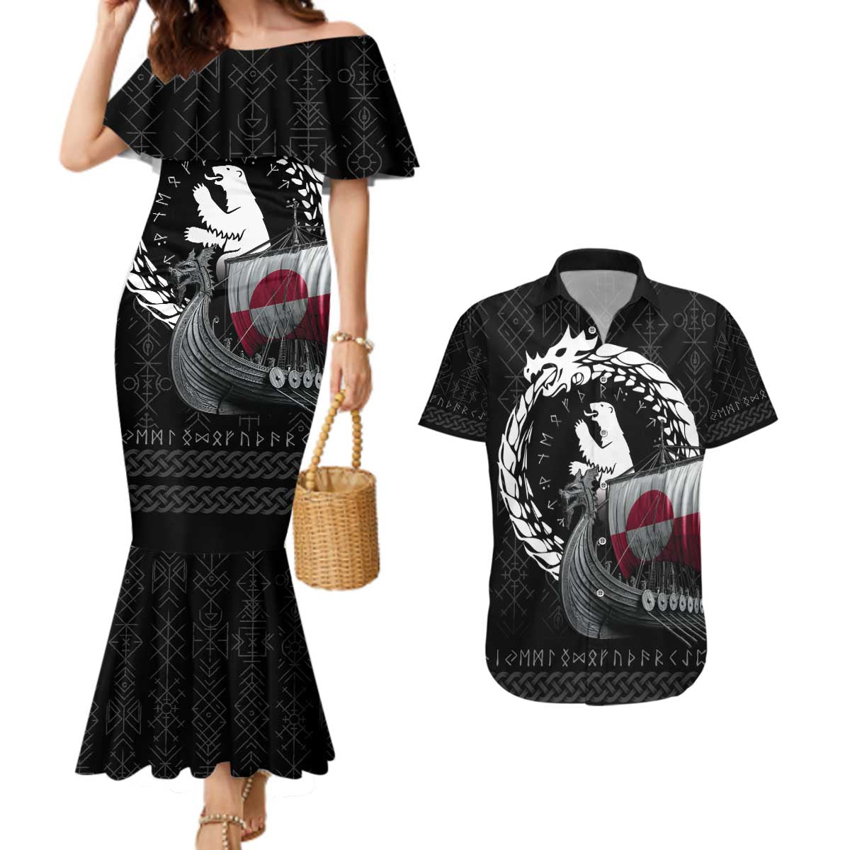 Greenland Viking Drakkar Couples Matching Mermaid Dress and Hawaiian Shirt Viking Blood - Wonder Print Shop