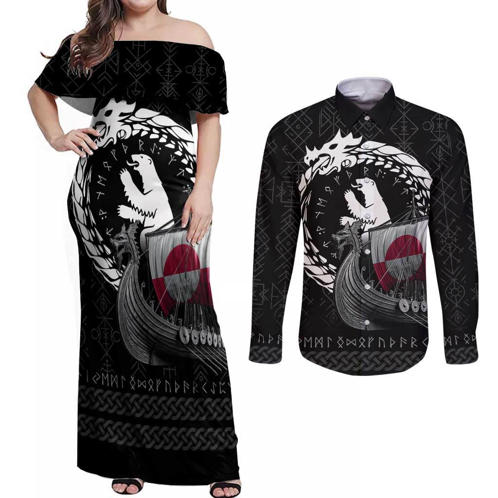 Greenland Viking Drakkar Couples Matching Off Shoulder Maxi Dress and Long Sleeve Button Shirt Viking Blood - Wonder Print Shop