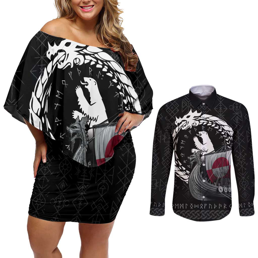 Greenland Viking Drakkar Couples Matching Off Shoulder Short Dress and Long Sleeve Button Shirt Viking Blood - Wonder Print Shop