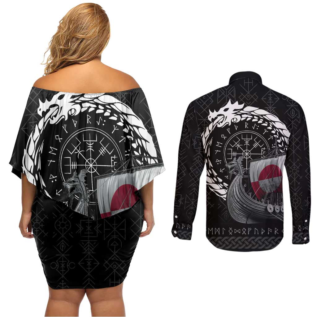 Greenland Viking Drakkar Couples Matching Off Shoulder Short Dress and Long Sleeve Button Shirt Viking Blood - Wonder Print Shop
