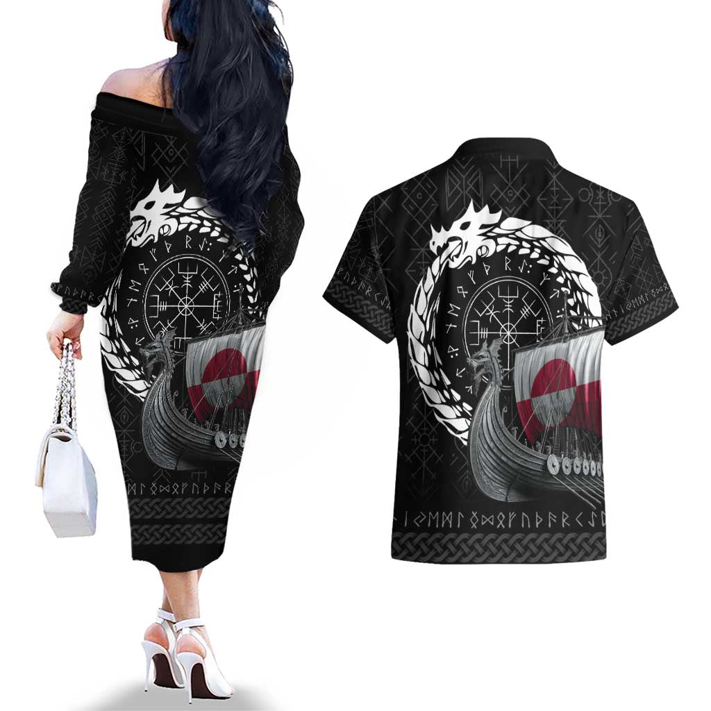 Greenland Viking Drakkar Couples Matching Off The Shoulder Long Sleeve Dress and Hawaiian Shirt Viking Blood - Wonder Print Shop
