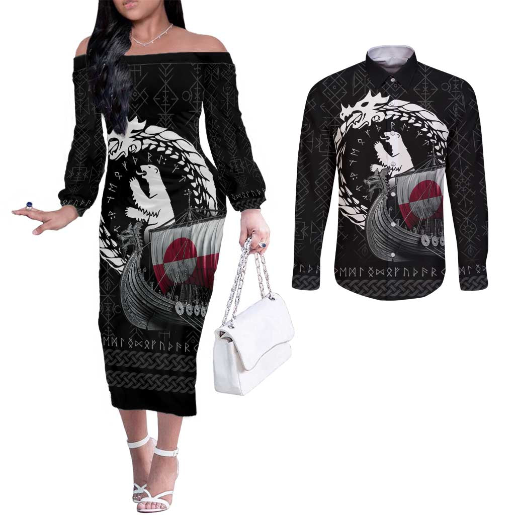 Greenland Viking Drakkar Couples Matching Off The Shoulder Long Sleeve Dress and Long Sleeve Button Shirt Viking Blood - Wonder Print Shop