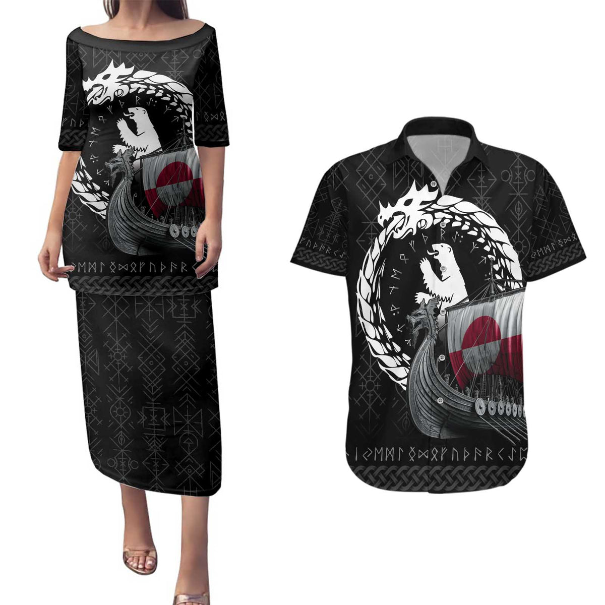 Greenland Viking Drakkar Couples Matching Puletasi and Hawaiian Shirt Viking Blood - Wonder Print Shop