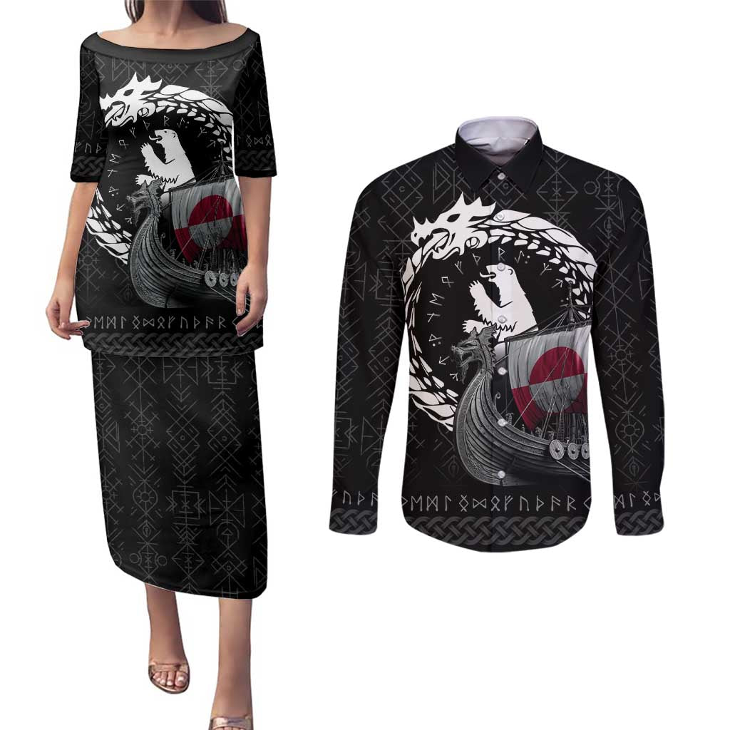 Greenland Viking Drakkar Couples Matching Puletasi and Long Sleeve Button Shirt Viking Blood - Wonder Print Shop