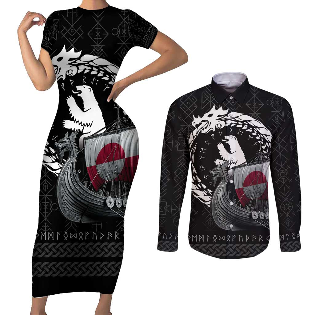 Greenland Viking Drakkar Couples Matching Short Sleeve Bodycon Dress and Long Sleeve Button Shirt Viking Blood - Wonder Print Shop