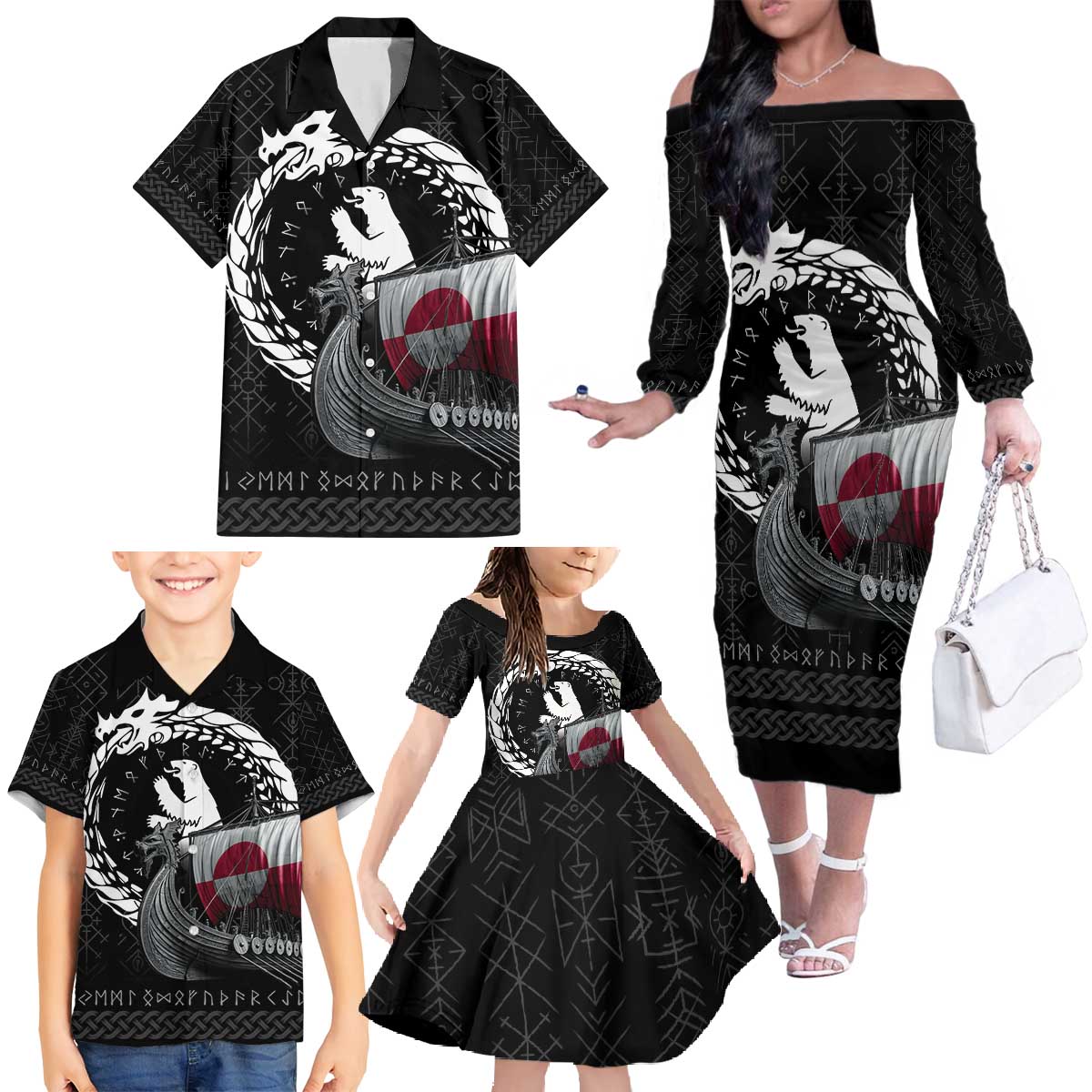 Greenland Viking Drakkar Family Matching Off The Shoulder Long Sleeve Dress and Hawaiian Shirt Viking Blood - Wonder Print Shop