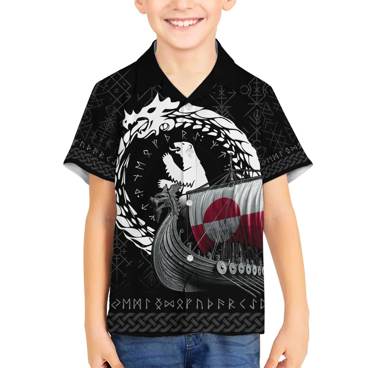 Greenland Viking Drakkar Family Matching Off The Shoulder Long Sleeve Dress and Hawaiian Shirt Viking Blood - Wonder Print Shop