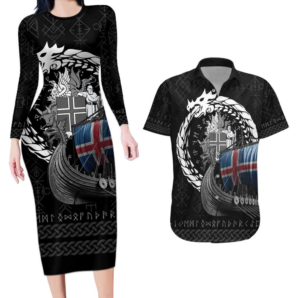 Iceland Viking Drakkar Couples Matching Long Sleeve Bodycon Dress and Hawaiian Shirt Viking Blood - Wonder Print Shop