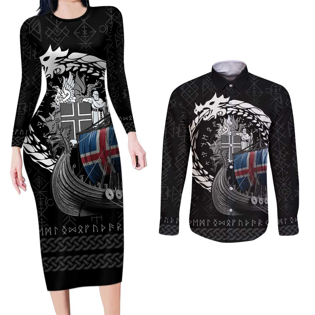 Iceland Viking Drakkar Couples Matching Long Sleeve Bodycon Dress and Long Sleeve Button Shirt Viking Blood - Wonder Print Shop