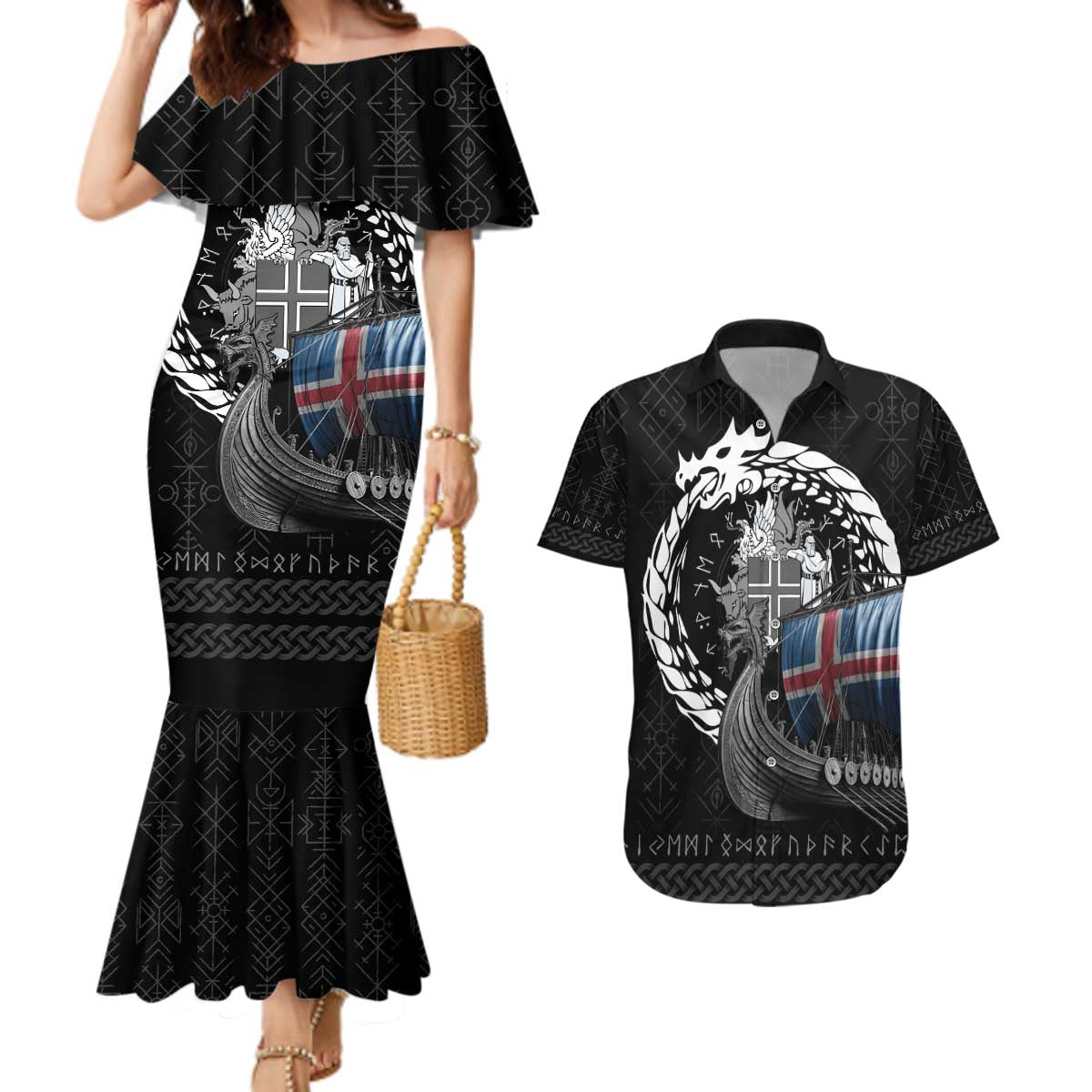 Iceland Viking Drakkar Couples Matching Mermaid Dress and Hawaiian Shirt Viking Blood - Wonder Print Shop
