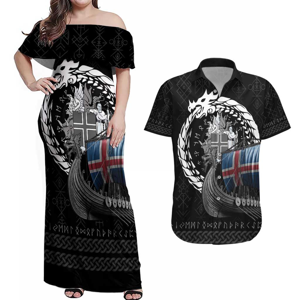 Iceland Viking Drakkar Couples Matching Off Shoulder Maxi Dress and Hawaiian Shirt Viking Blood - Wonder Print Shop