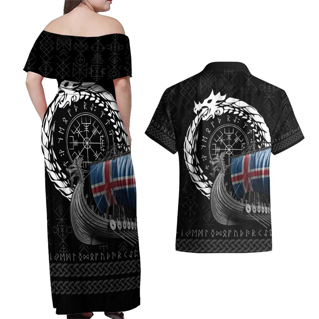 Iceland Viking Drakkar Couples Matching Off Shoulder Maxi Dress and Hawaiian Shirt Viking Blood - Wonder Print Shop