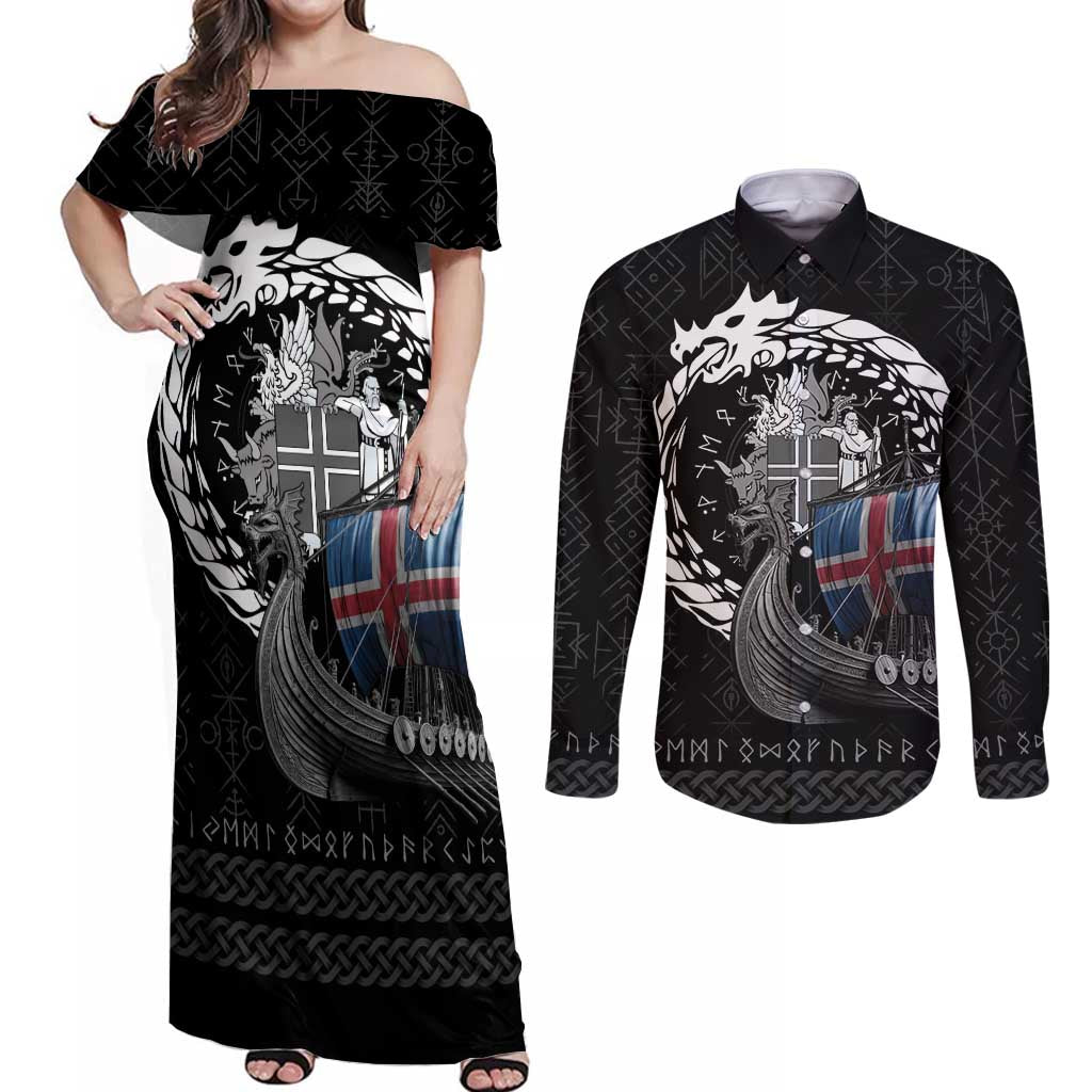 Iceland Viking Drakkar Couples Matching Off Shoulder Maxi Dress and Long Sleeve Button Shirt Viking Blood - Wonder Print Shop
