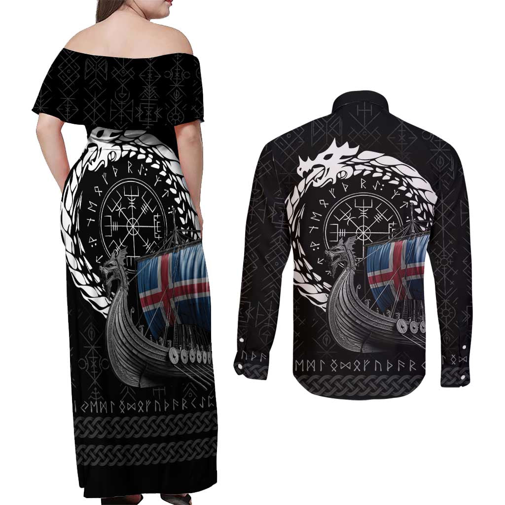 Iceland Viking Drakkar Couples Matching Off Shoulder Maxi Dress and Long Sleeve Button Shirt Viking Blood - Wonder Print Shop