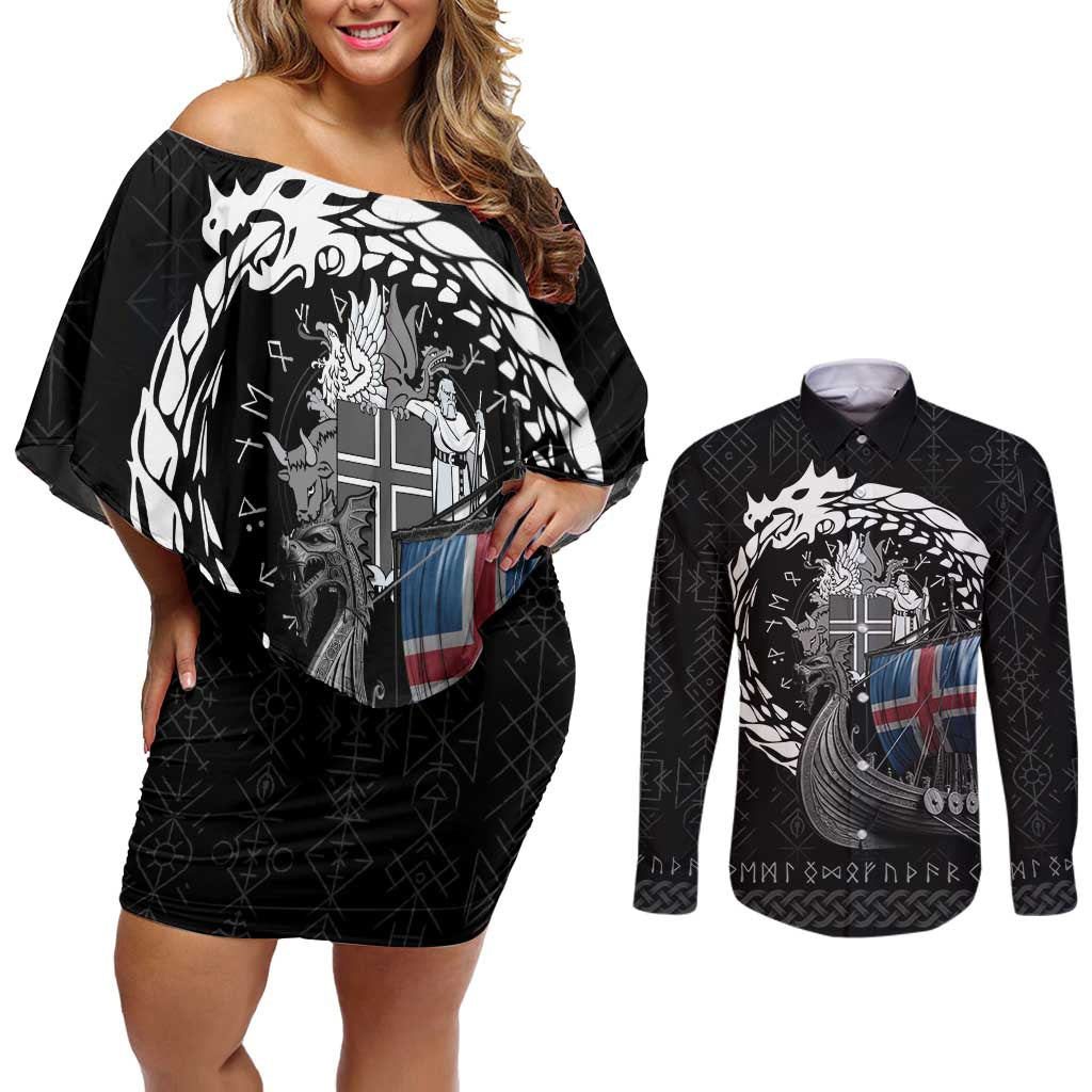 Iceland Viking Drakkar Couples Matching Off Shoulder Short Dress and Long Sleeve Button Shirt Viking Blood - Wonder Print Shop