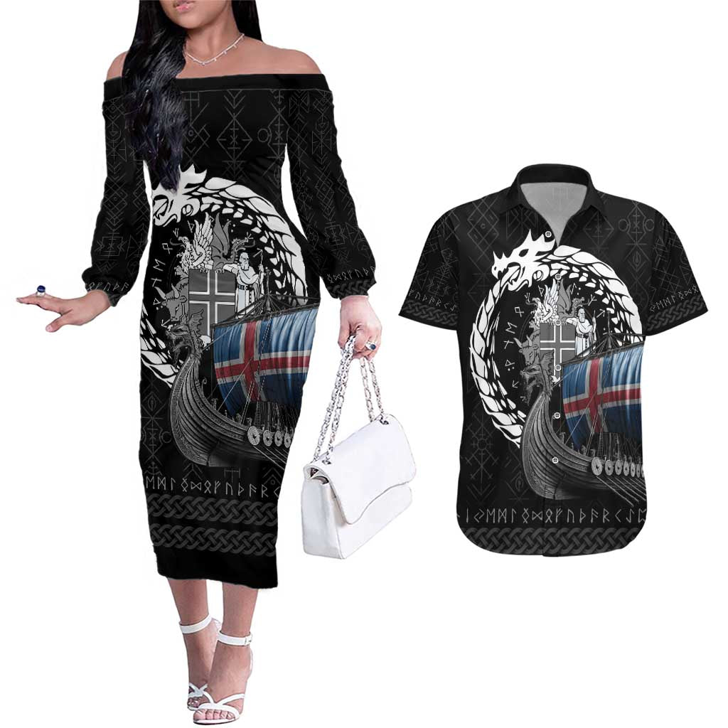 Iceland Viking Drakkar Couples Matching Off The Shoulder Long Sleeve Dress and Hawaiian Shirt Viking Blood - Wonder Print Shop