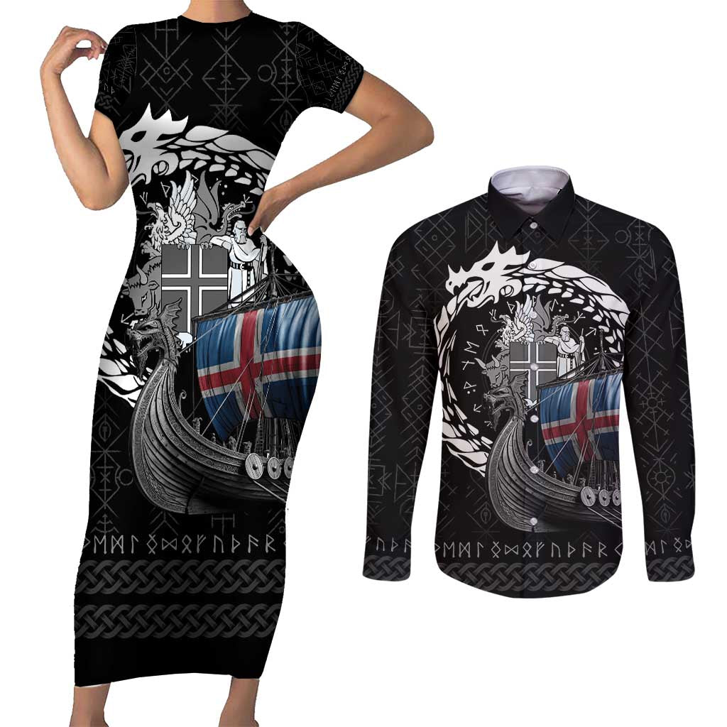 Iceland Viking Drakkar Couples Matching Short Sleeve Bodycon Dress and Long Sleeve Button Shirt Viking Blood - Wonder Print Shop