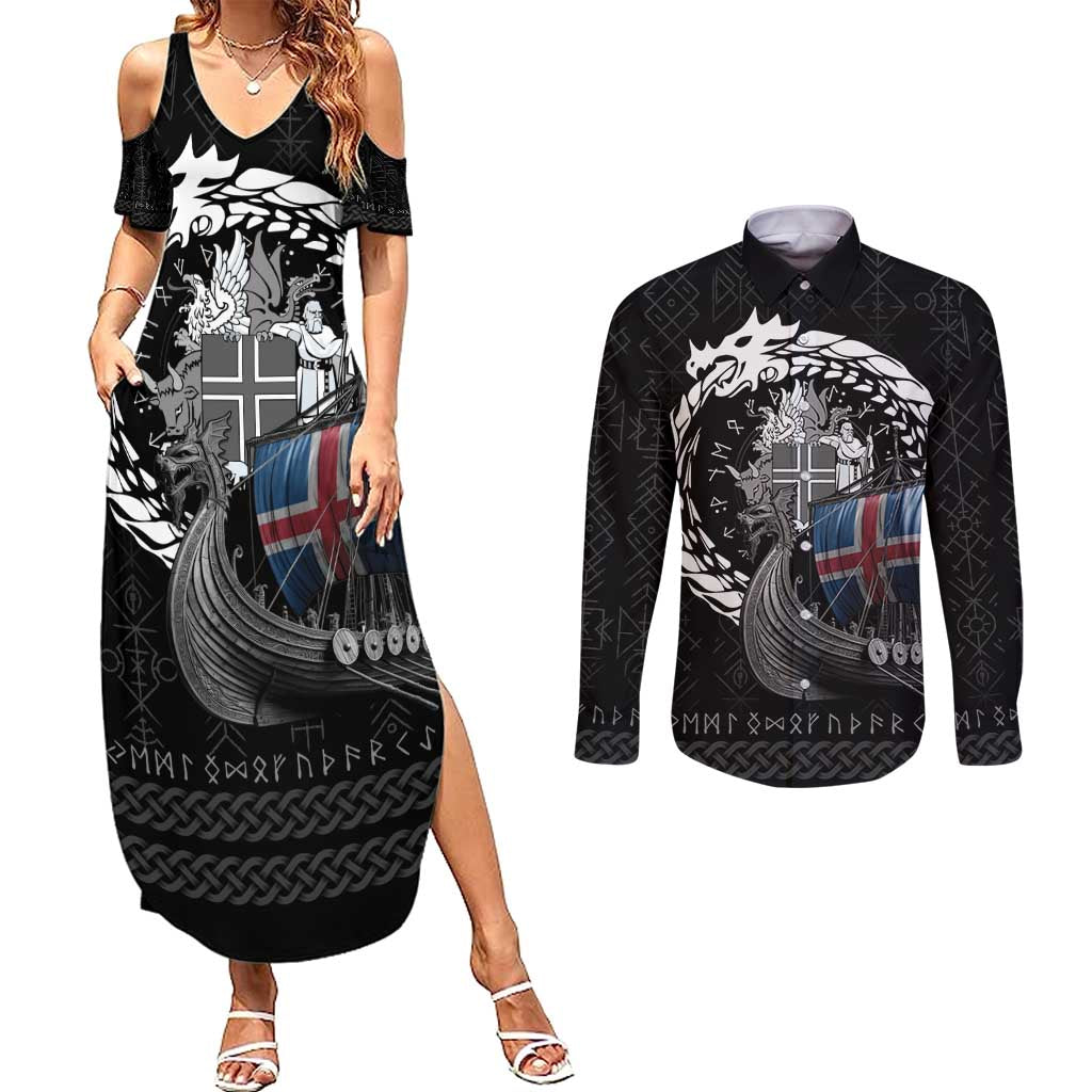 Iceland Viking Drakkar Couples Matching Summer Maxi Dress and Long Sleeve Button Shirt Viking Blood - Wonder Print Shop