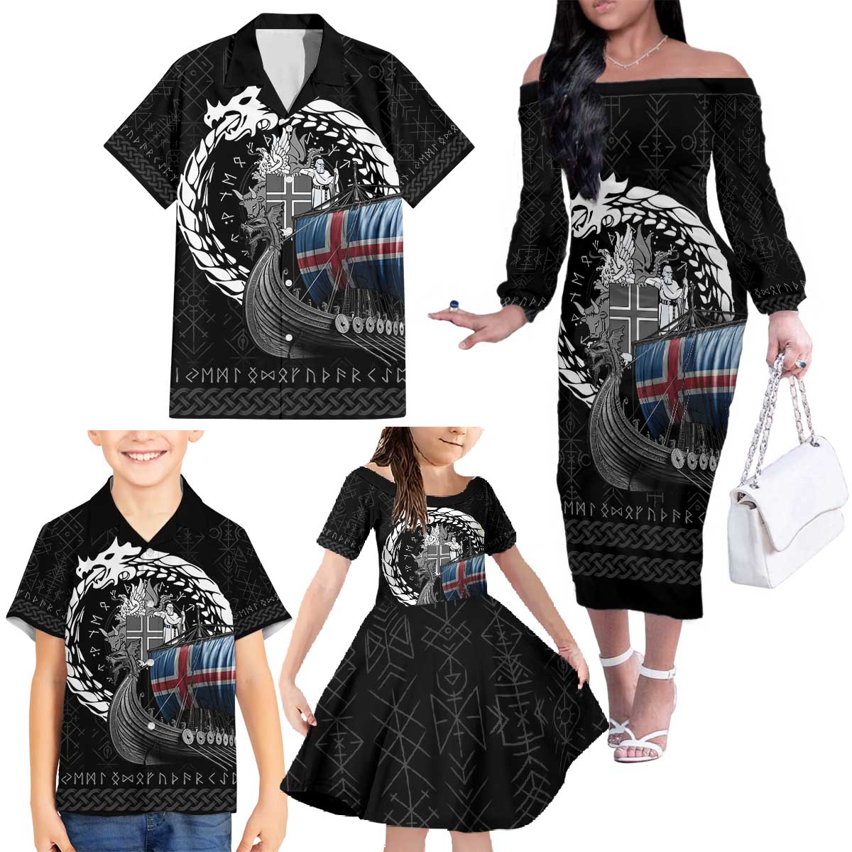 Iceland Viking Drakkar Family Matching Off The Shoulder Long Sleeve Dress and Hawaiian Shirt Viking Blood - Wonder Print Shop