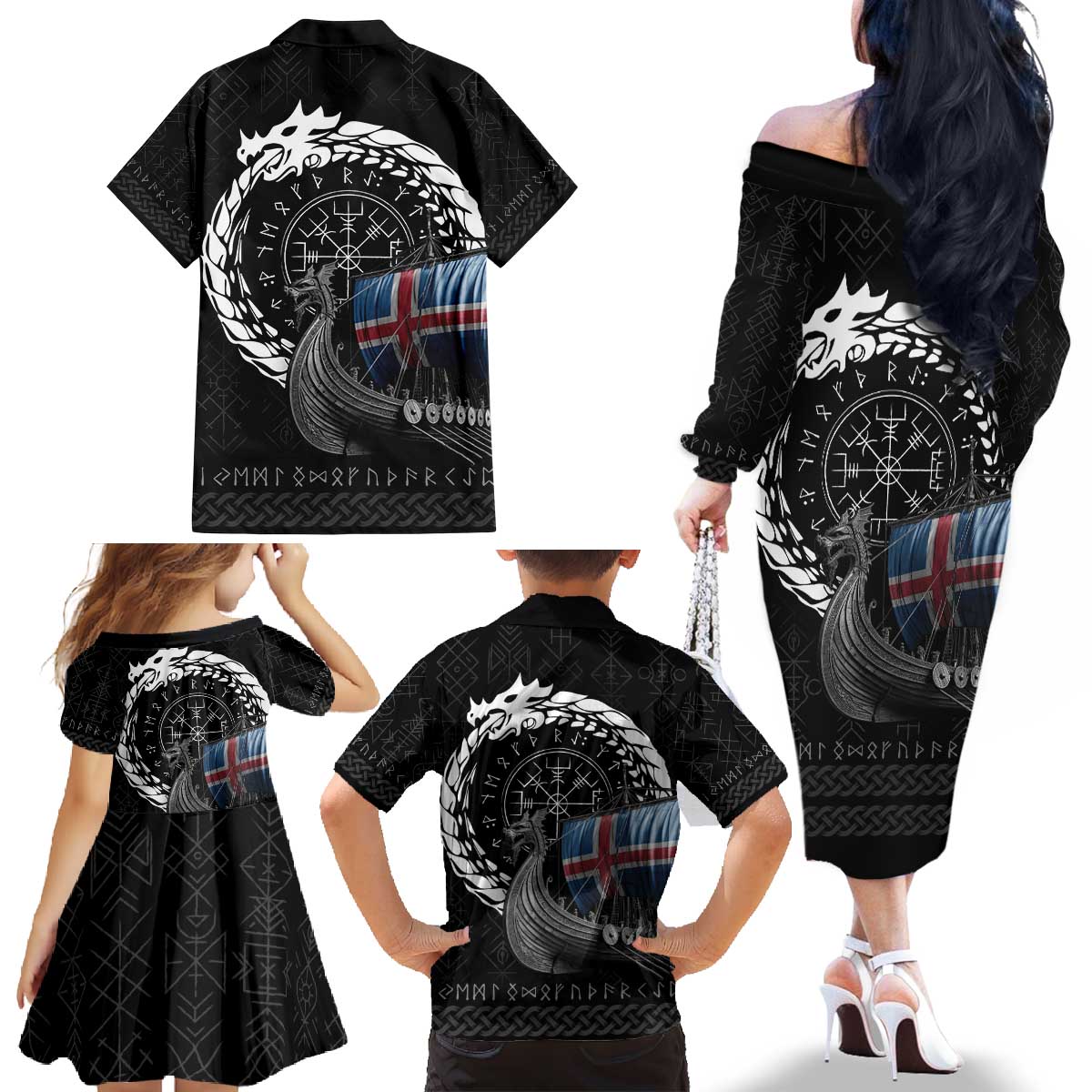 Iceland Viking Drakkar Family Matching Off The Shoulder Long Sleeve Dress and Hawaiian Shirt Viking Blood - Wonder Print Shop