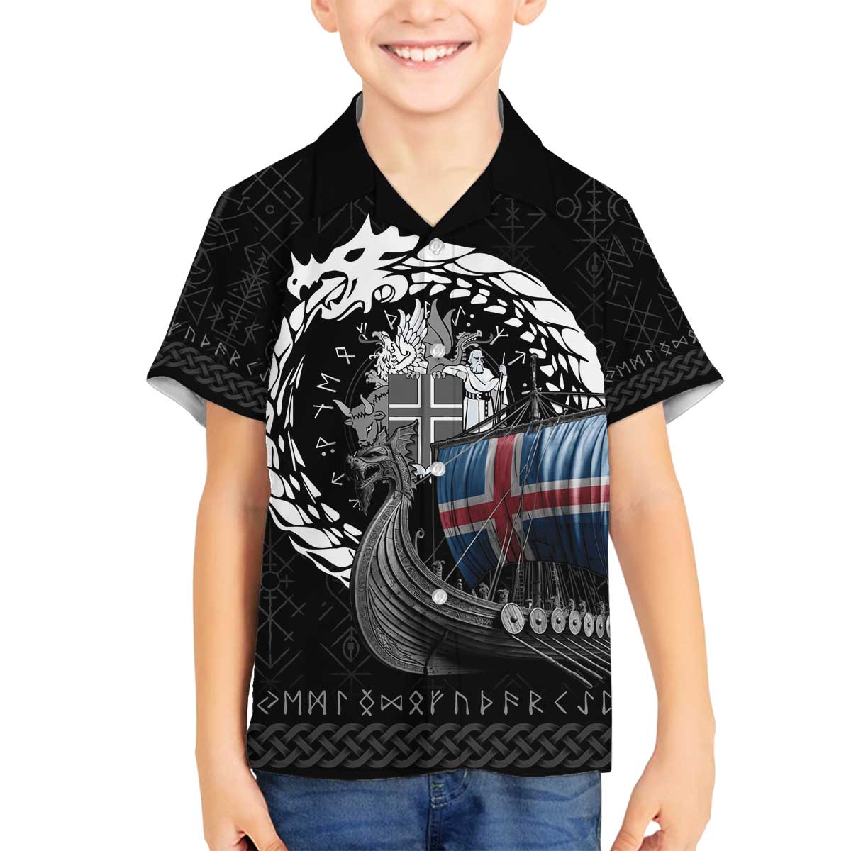 Iceland Viking Drakkar Family Matching Off The Shoulder Long Sleeve Dress and Hawaiian Shirt Viking Blood - Wonder Print Shop
