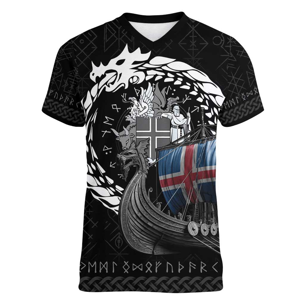 Iceland Viking Drakkar Women V-Neck T-Shirt Viking Blood - Wonder Print Shop
