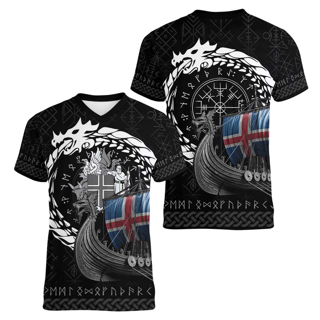 Iceland Viking Drakkar Women V-Neck T-Shirt Viking Blood - Wonder Print Shop