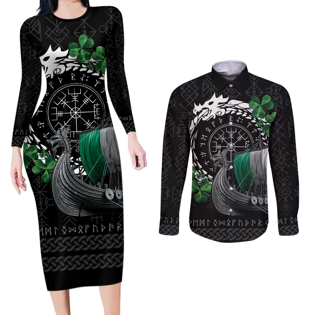 Ireland Viking Drakkar Couples Matching Long Sleeve Bodycon Dress and Long Sleeve Button Shirt Viking Blood - Wonder Print Shop