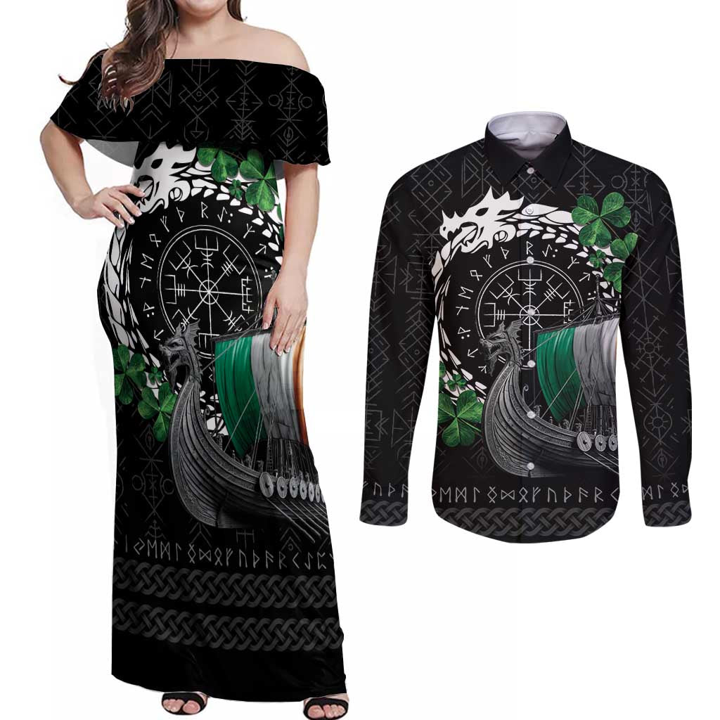 Ireland Viking Drakkar Couples Matching Off Shoulder Maxi Dress and Long Sleeve Button Shirt Viking Blood - Wonder Print Shop