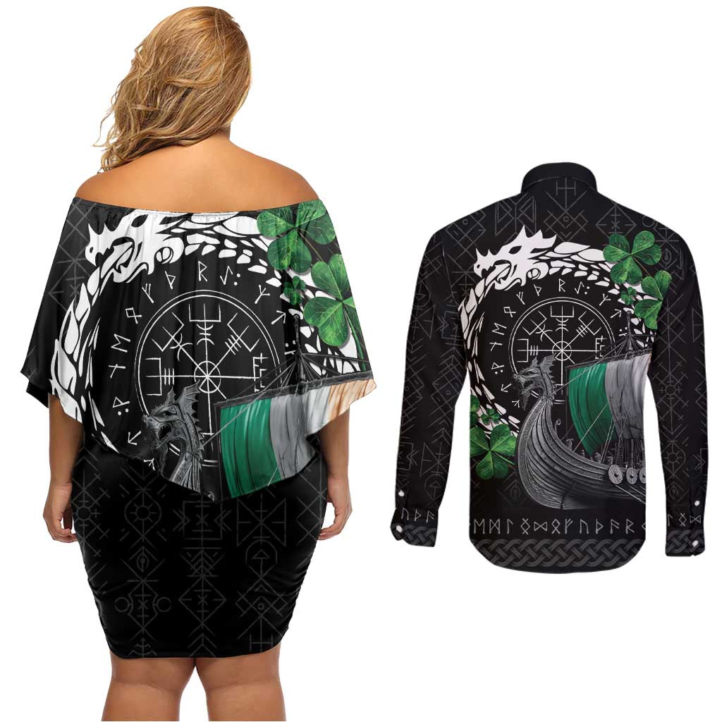 Ireland Viking Drakkar Couples Matching Off Shoulder Short Dress and Long Sleeve Button Shirt Viking Blood - Wonder Print Shop