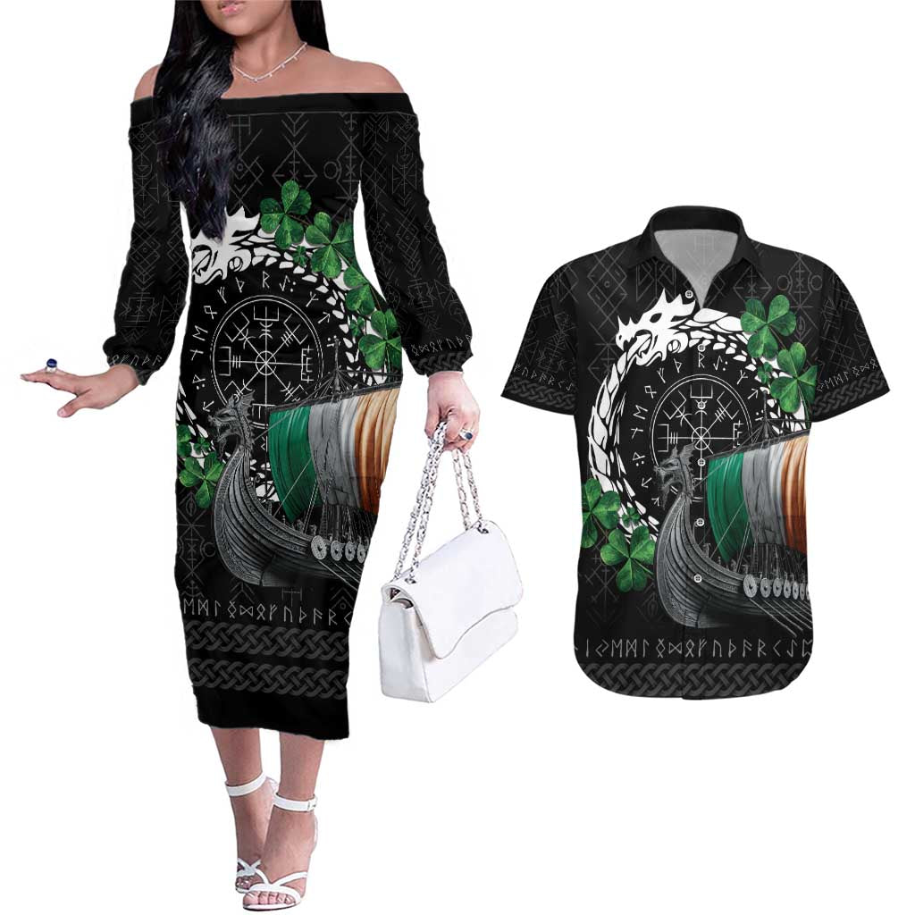 Ireland Viking Drakkar Couples Matching Off The Shoulder Long Sleeve Dress and Hawaiian Shirt Viking Blood - Wonder Print Shop