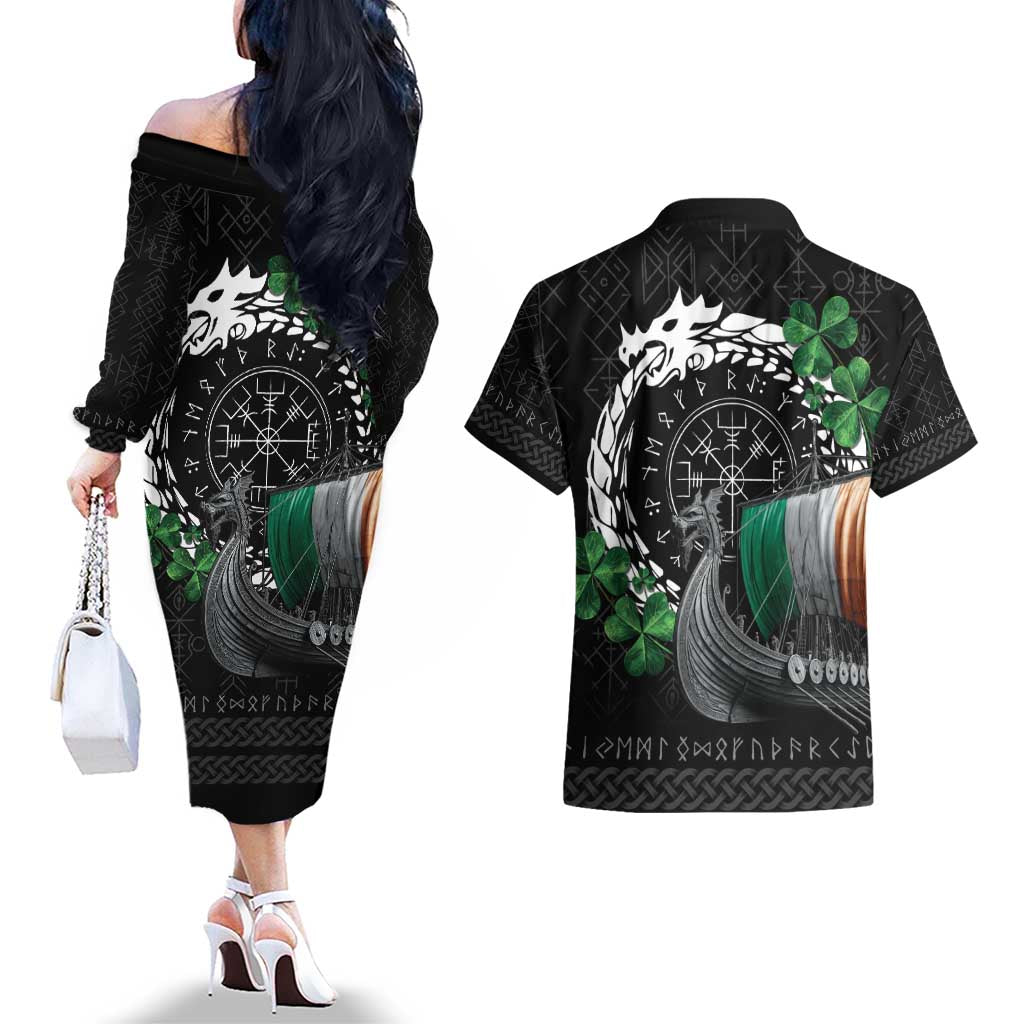 Ireland Viking Drakkar Couples Matching Off The Shoulder Long Sleeve Dress and Hawaiian Shirt Viking Blood - Wonder Print Shop