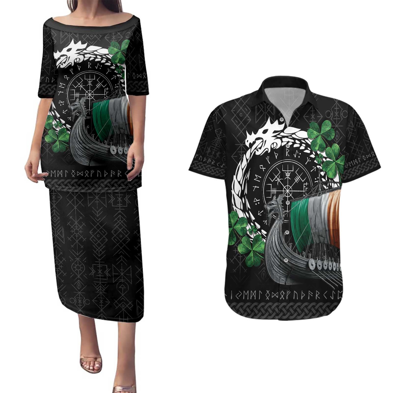 Ireland Viking Drakkar Couples Matching Puletasi and Hawaiian Shirt Viking Blood - Wonder Print Shop