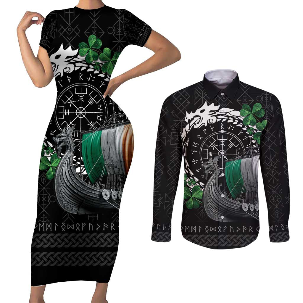 Ireland Viking Drakkar Couples Matching Short Sleeve Bodycon Dress and Long Sleeve Button Shirt Viking Blood - Wonder Print Shop