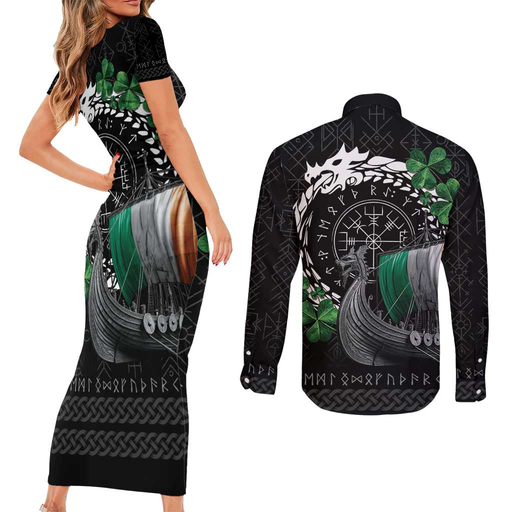 Ireland Viking Drakkar Couples Matching Short Sleeve Bodycon Dress and Long Sleeve Button Shirt Viking Blood - Wonder Print Shop