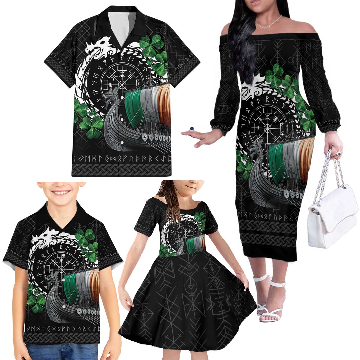 Ireland Viking Drakkar Family Matching Off The Shoulder Long Sleeve Dress and Hawaiian Shirt Viking Blood - Wonder Print Shop