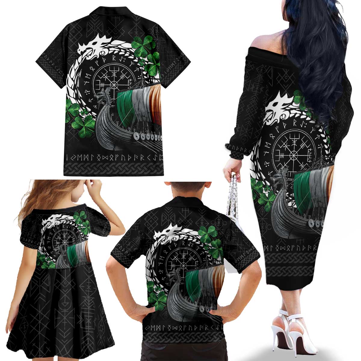Ireland Viking Drakkar Family Matching Off The Shoulder Long Sleeve Dress and Hawaiian Shirt Viking Blood - Wonder Print Shop