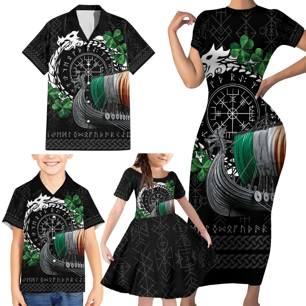 Ireland Viking Drakkar Family Matching Short Sleeve Bodycon Dress and Hawaiian Shirt Viking Blood - Wonder Print Shop