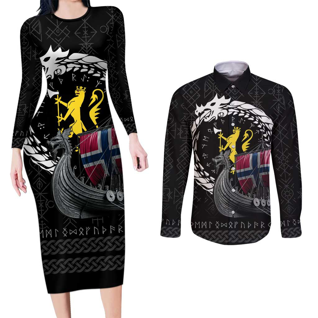 Norway Viking Drakkar Couples Matching Long Sleeve Bodycon Dress and Long Sleeve Button Shirt Viking Blood - Wonder Print Shop