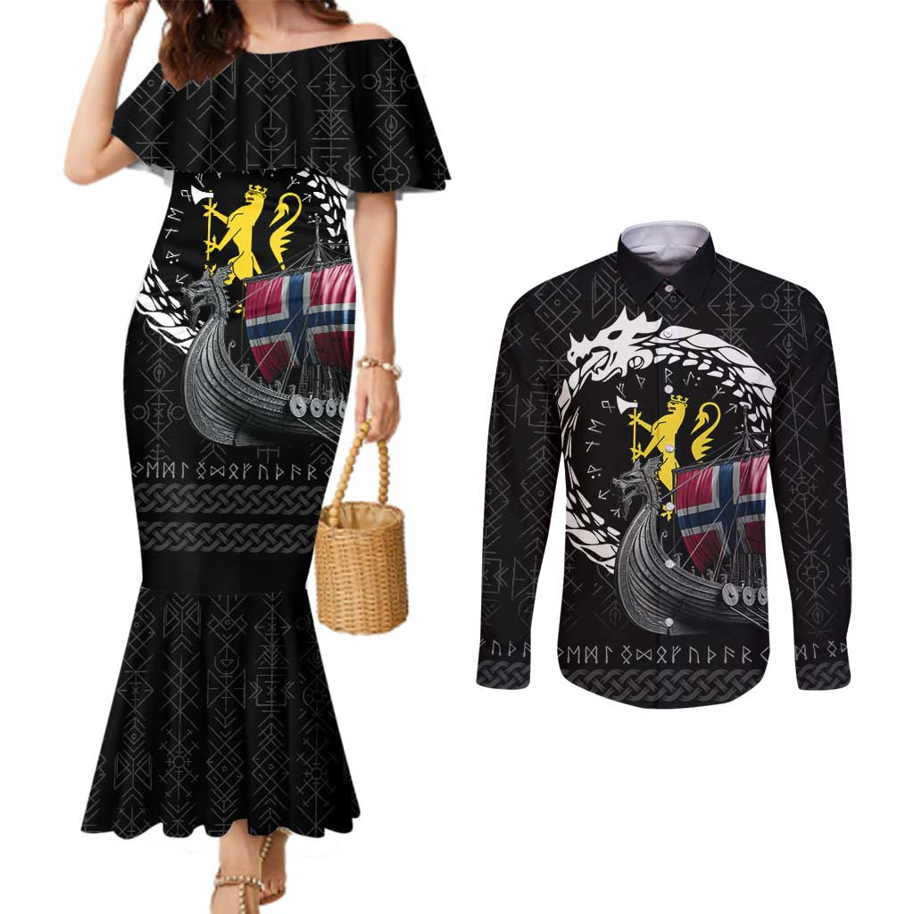 Norway Viking Drakkar Couples Matching Mermaid Dress and Long Sleeve Button Shirt Viking Blood - Wonder Print Shop