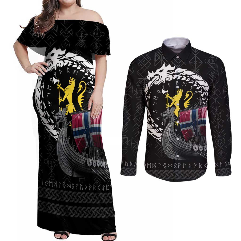 Norway Viking Drakkar Couples Matching Off Shoulder Maxi Dress and Long Sleeve Button Shirt Viking Blood - Wonder Print Shop