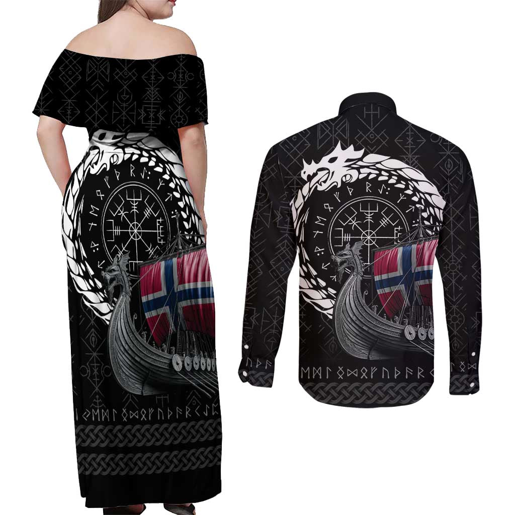 Norway Viking Drakkar Couples Matching Off Shoulder Maxi Dress and Long Sleeve Button Shirt Viking Blood - Wonder Print Shop
