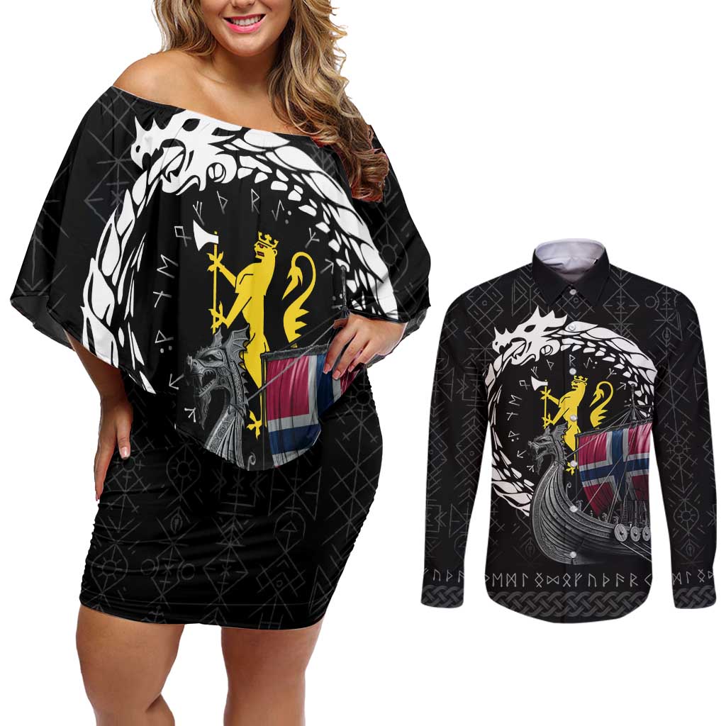 Norway Viking Drakkar Couples Matching Off Shoulder Short Dress and Long Sleeve Button Shirt Viking Blood - Wonder Print Shop
