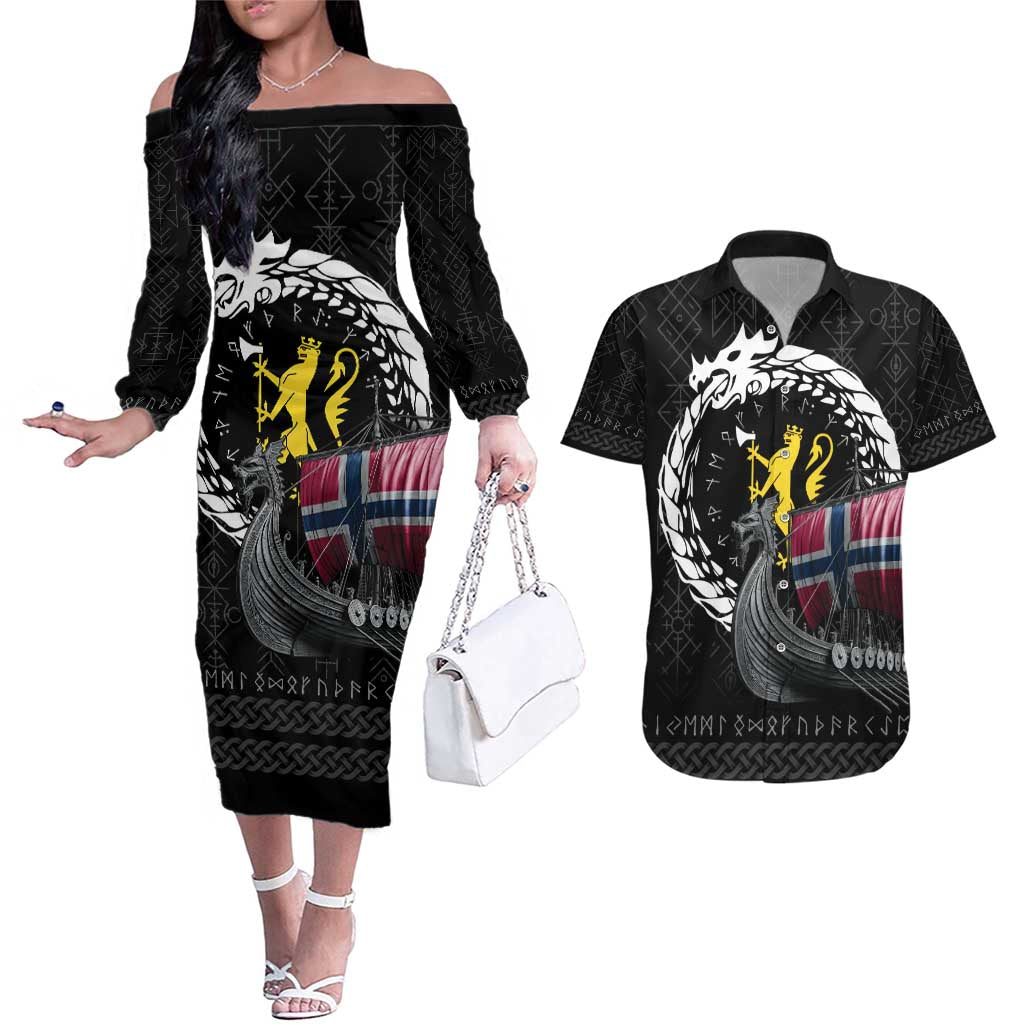 Norway Viking Drakkar Couples Matching Off The Shoulder Long Sleeve Dress and Hawaiian Shirt Viking Blood - Wonder Print Shop